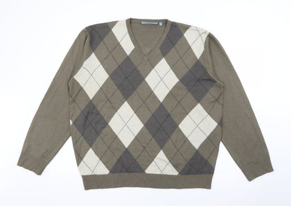 Greenwoods Escape Mens Green V-Neck Argyle/Diamond Acrylic Pullover Jumper Size L