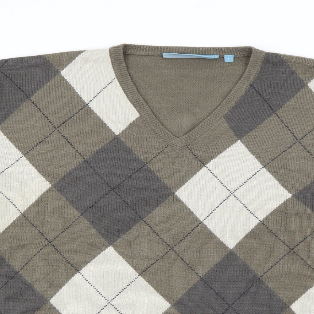 Greenwoods Escape Mens Green V-Neck Argyle/Diamond Acrylic Pullover Jumper Size L