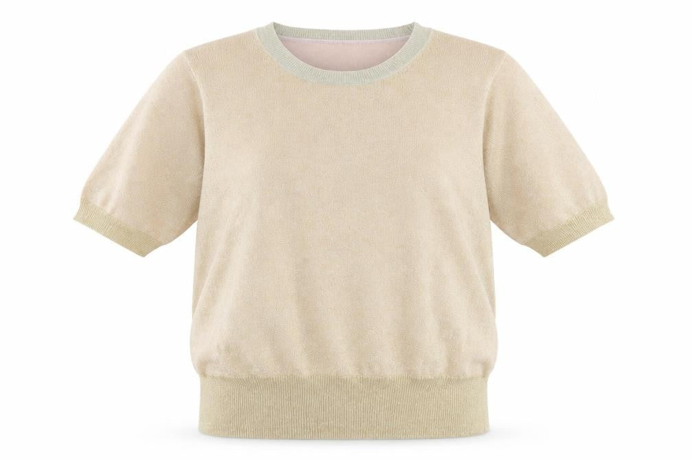 Front view of Marks & Spencer women’s gold crew neck viscose jumper, size L