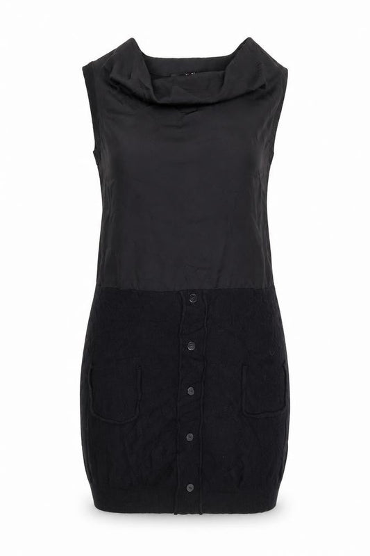 Front view of Yest women’s black polyester jumper dress, size M, cowl neck