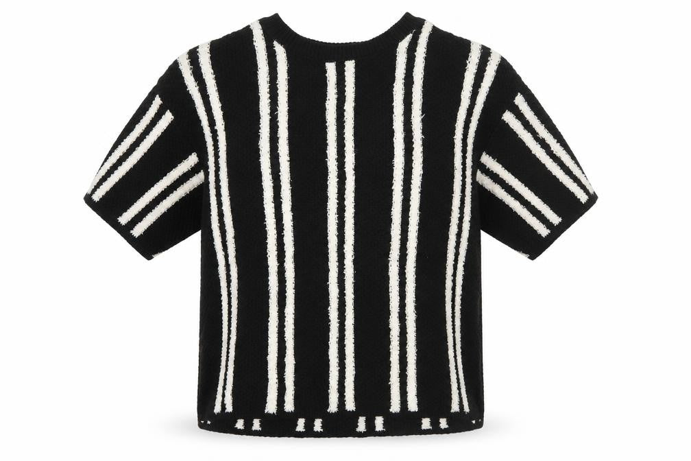 Front view of Marks & Spencer women’s black crew neck striped cotton jumper, size UK 14