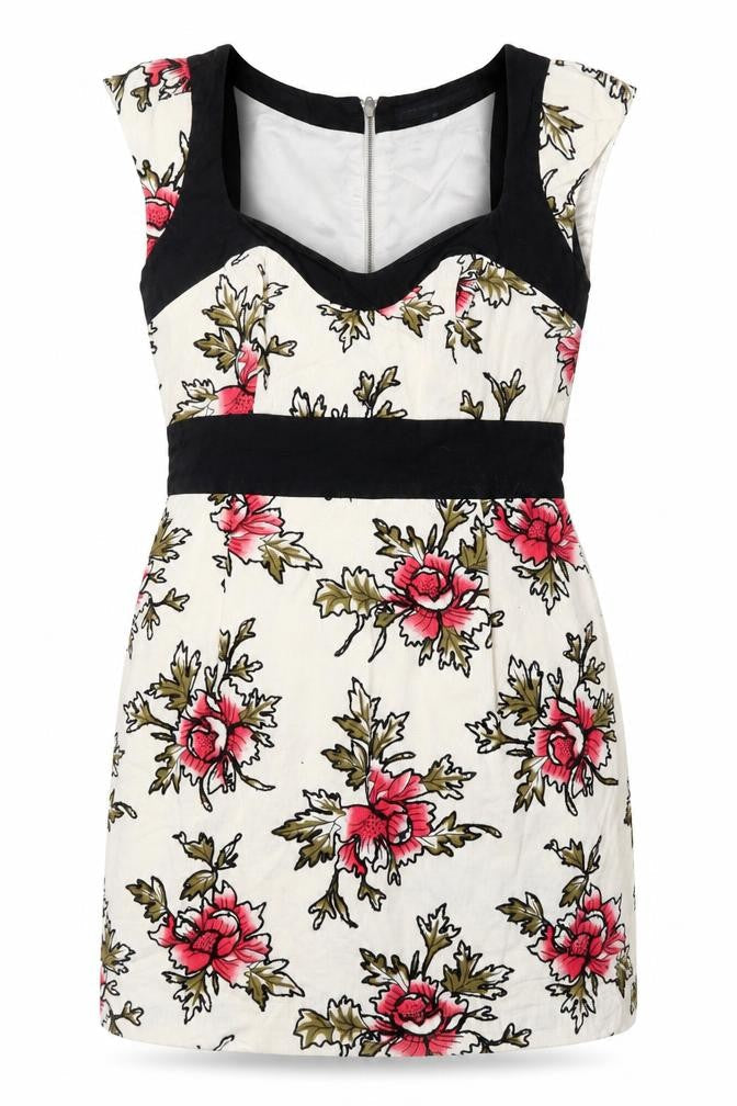 Front view of French Connection women’s multicoloured floral cotton bodycon, size UK 10, sweetheart zip
