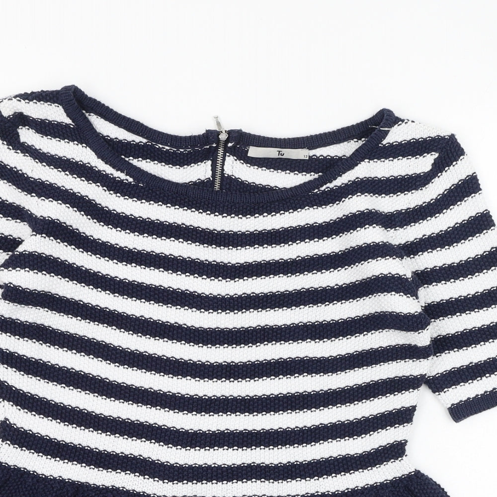 TU Womens Blue Round Neck Striped Acrylic Pullover Jumper Size 12