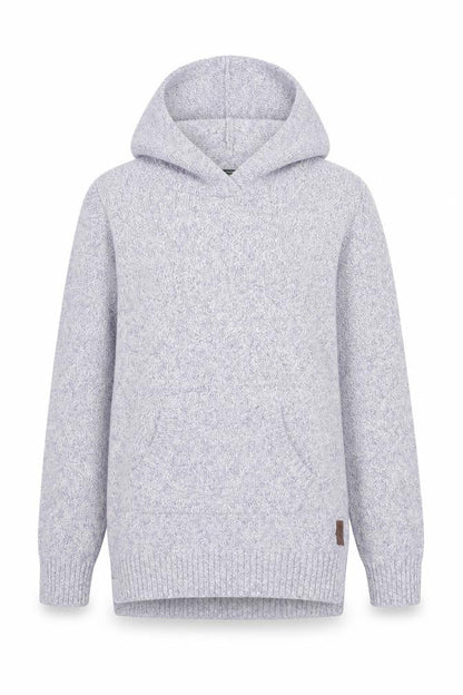 Front view of Roots girls’ blue cotton pullover hoodie, size 11-12, years pullover