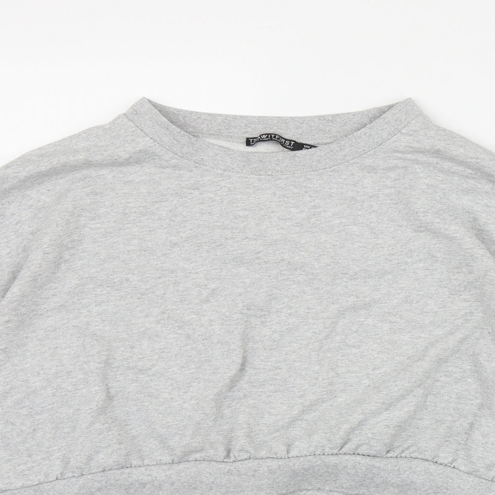 Close-up detail of I SAW IT FIRST women’s grey cotton pullover sweatshirt, size UK 10