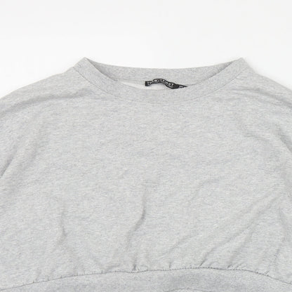 Close-up detail of I SAW IT FIRST women’s grey cotton pullover sweatshirt, size UK 10