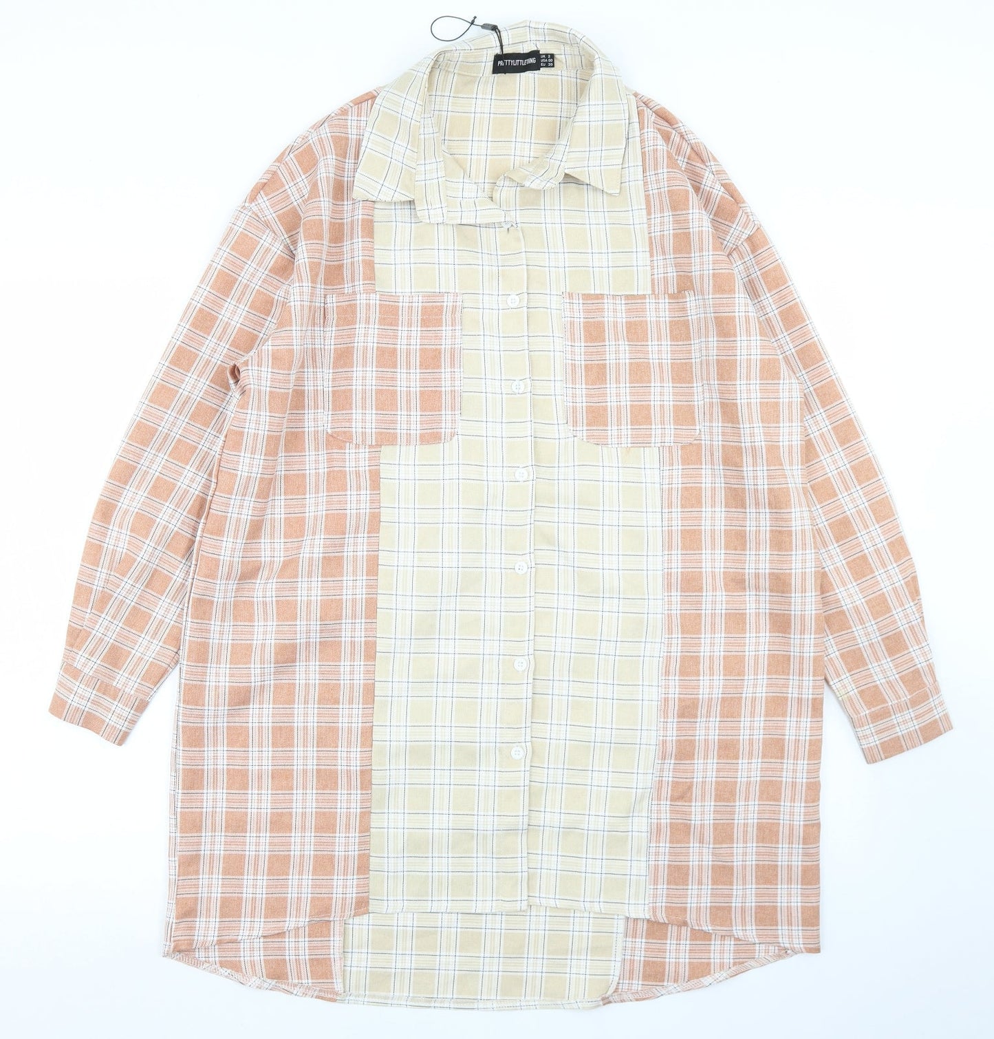 PRETTYLITTLETHING Womens Beige Plaid Polyester Shirt Dress  Size 2  Collared Button