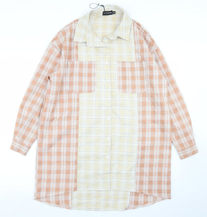 PRETTYLITTLETHING Womens Beige Plaid Polyester Shirt Dress  Size 2  Collared Button