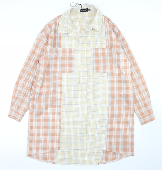 PRETTYLITTLETHING Womens Beige Plaid Polyester Shirt Dress  Size 2  Collared Button