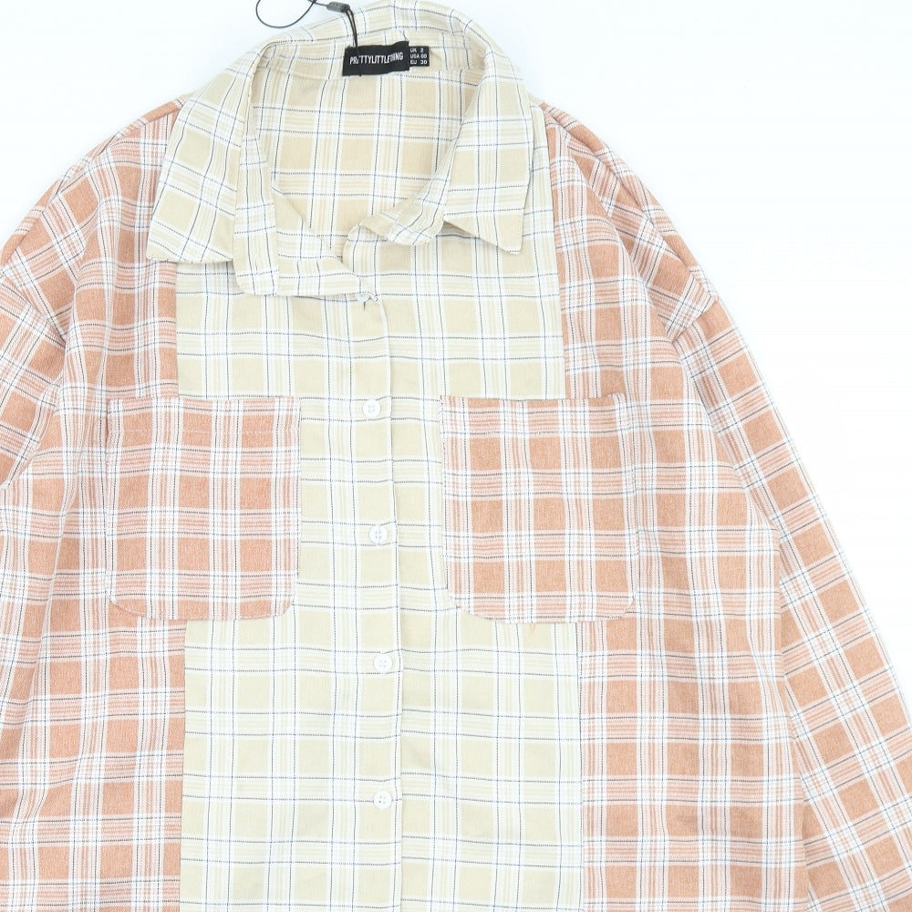 PRETTYLITTLETHING Womens Beige Plaid Polyester Shirt Dress  Size 2  Collared Button