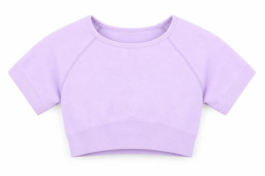 Front view of women’s purple nylon cropped t-shirt, size XS, round neck