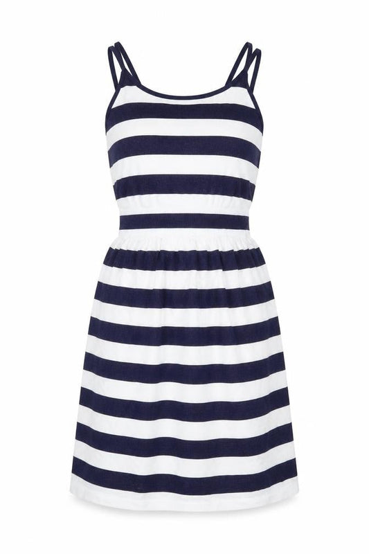 Front view of Atmosphere women’s blue striped polyamide fit & flare, size S, off the shoulder pullover