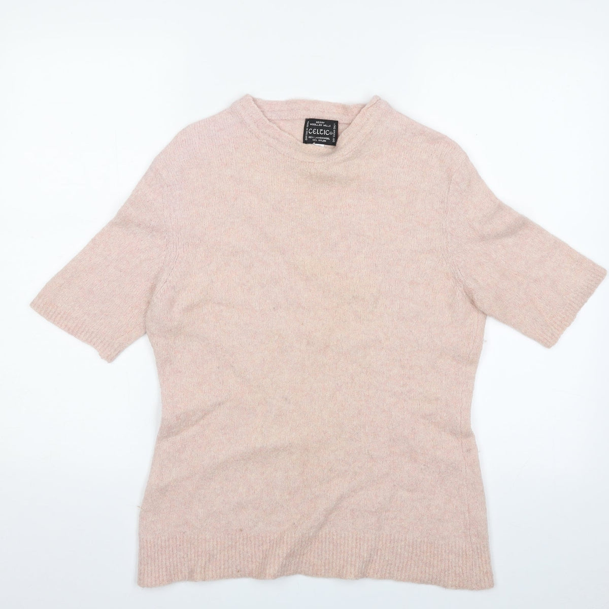 Front view of Celtic women’s pink crew neck wool jumper, size L
