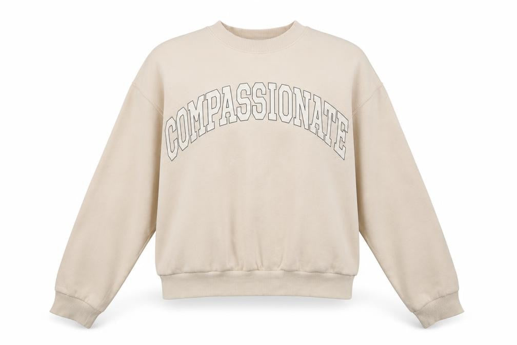 Front view of H&M women’s beige cotton pullover sweatshirt, size M, pullover - compassionate