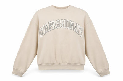 Front view of H&M women’s beige cotton pullover sweatshirt, size M, pullover - compassionate