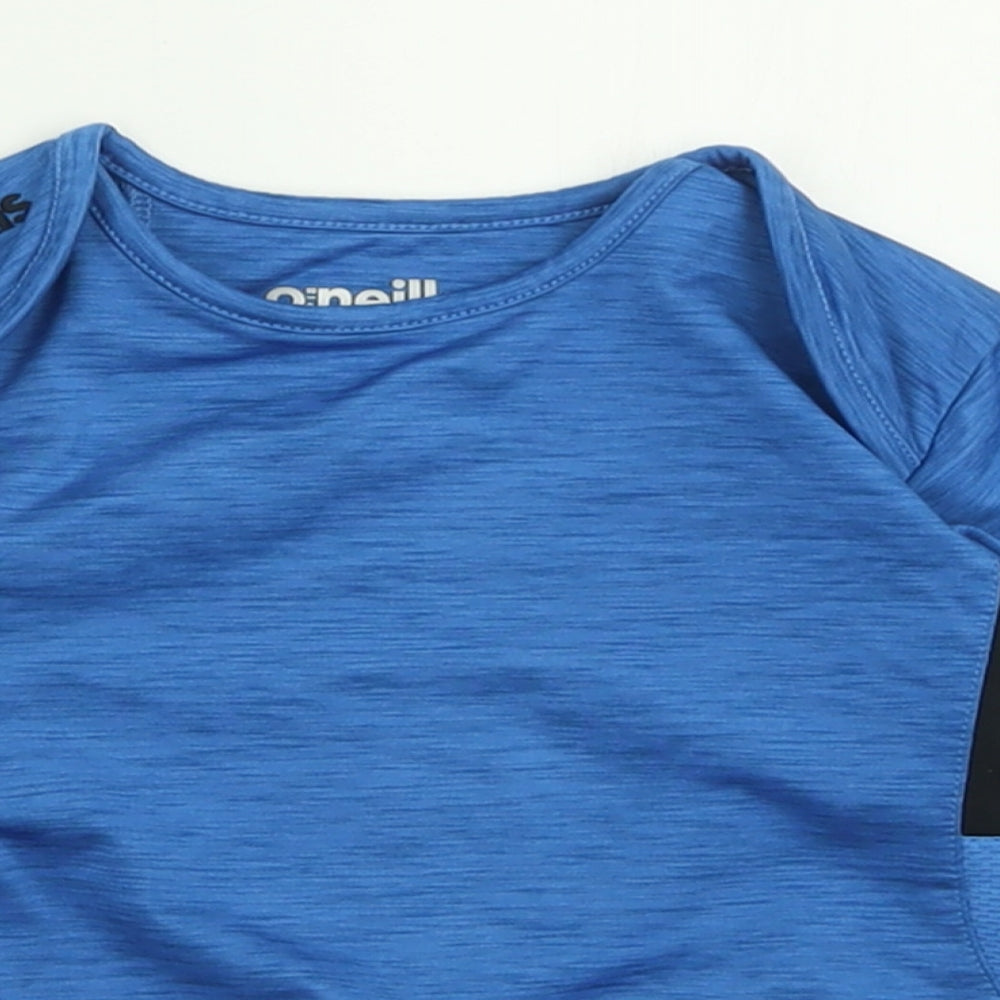 Close-up detail of Oneill boys’ blue polyester pullover casual, size 18-24, months crew neck pullover