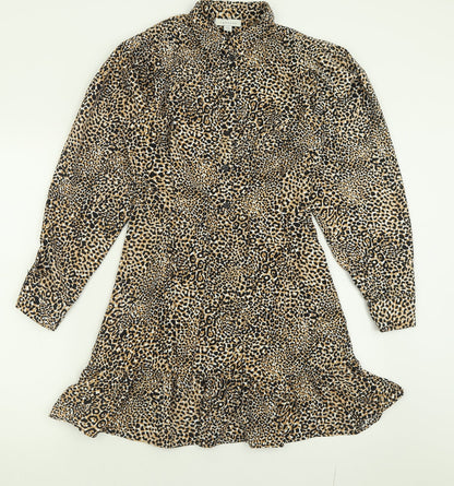 Topshop Womens Brown Animal Print Polyester Fit & Flare  Size 8  Collared Zip