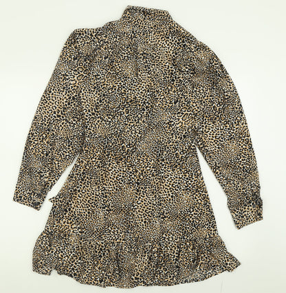 Topshop Womens Brown Animal Print Polyester Fit & Flare  Size 8  Collared Zip