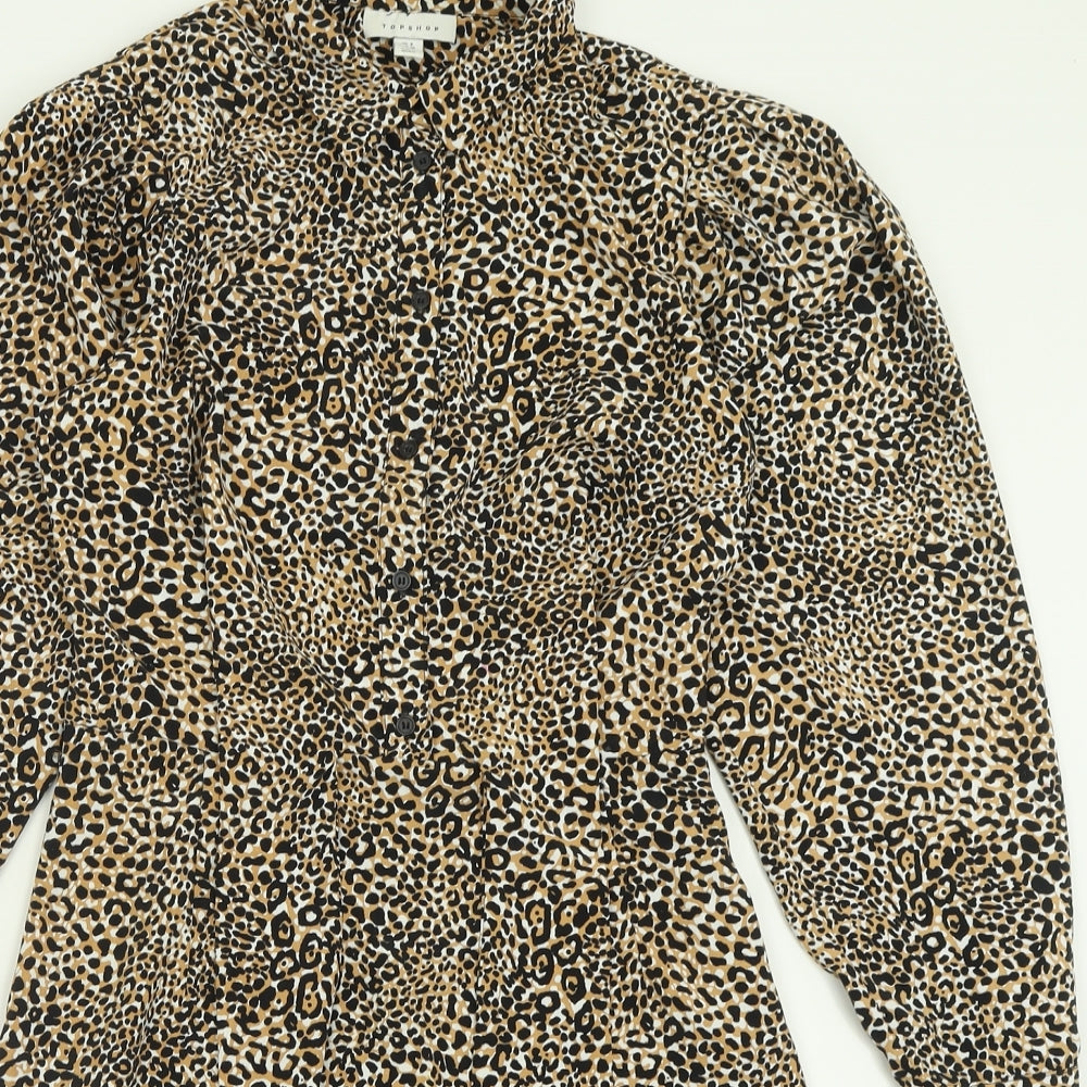 Topshop Womens Brown Animal Print Polyester Fit & Flare  Size 8  Collared Zip