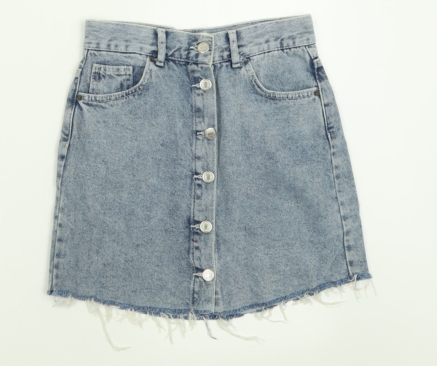 Pull&Bear Womens Blue  Cotton A-Line Skirt Size S   Button