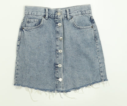 Pull&Bear Womens Blue  Cotton A-Line Skirt Size S   Button
