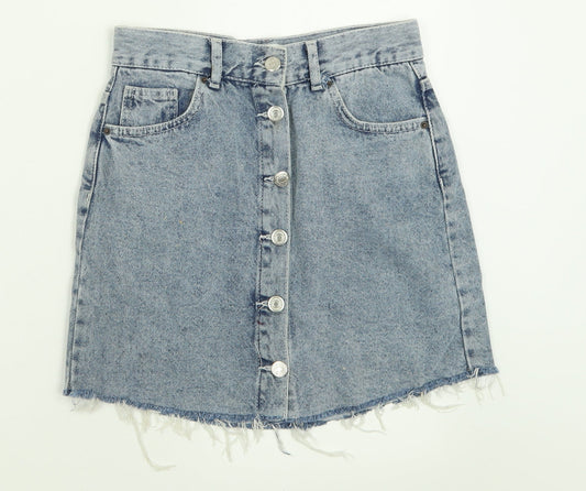Pull&Bear Womens Blue  Cotton A-Line Skirt Size S   Button