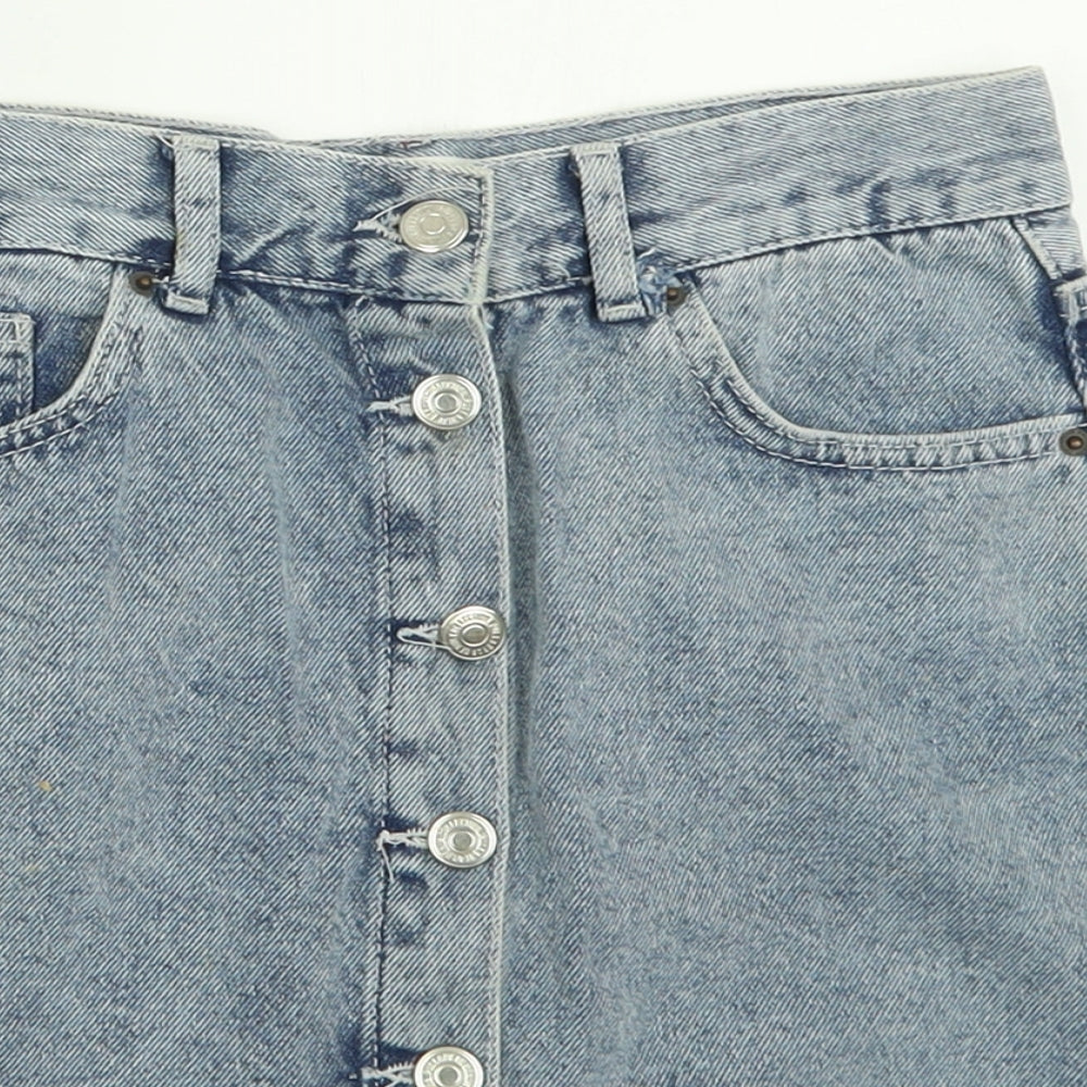 Pull&Bear Womens Blue  Cotton A-Line Skirt Size S   Button