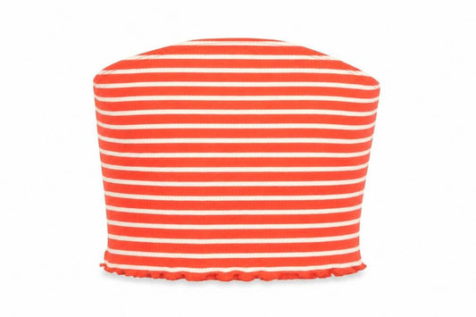 Front view of ASOS women’s red striped polyester cropped tank, size UK 10, off the shoulder - bandeau