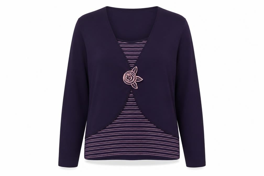 Front view of Roman women’s purple scoop neck striped viscose jumper, size XL