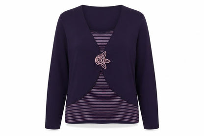 Front view of Roman women’s purple scoop neck striped viscose jumper, size XL