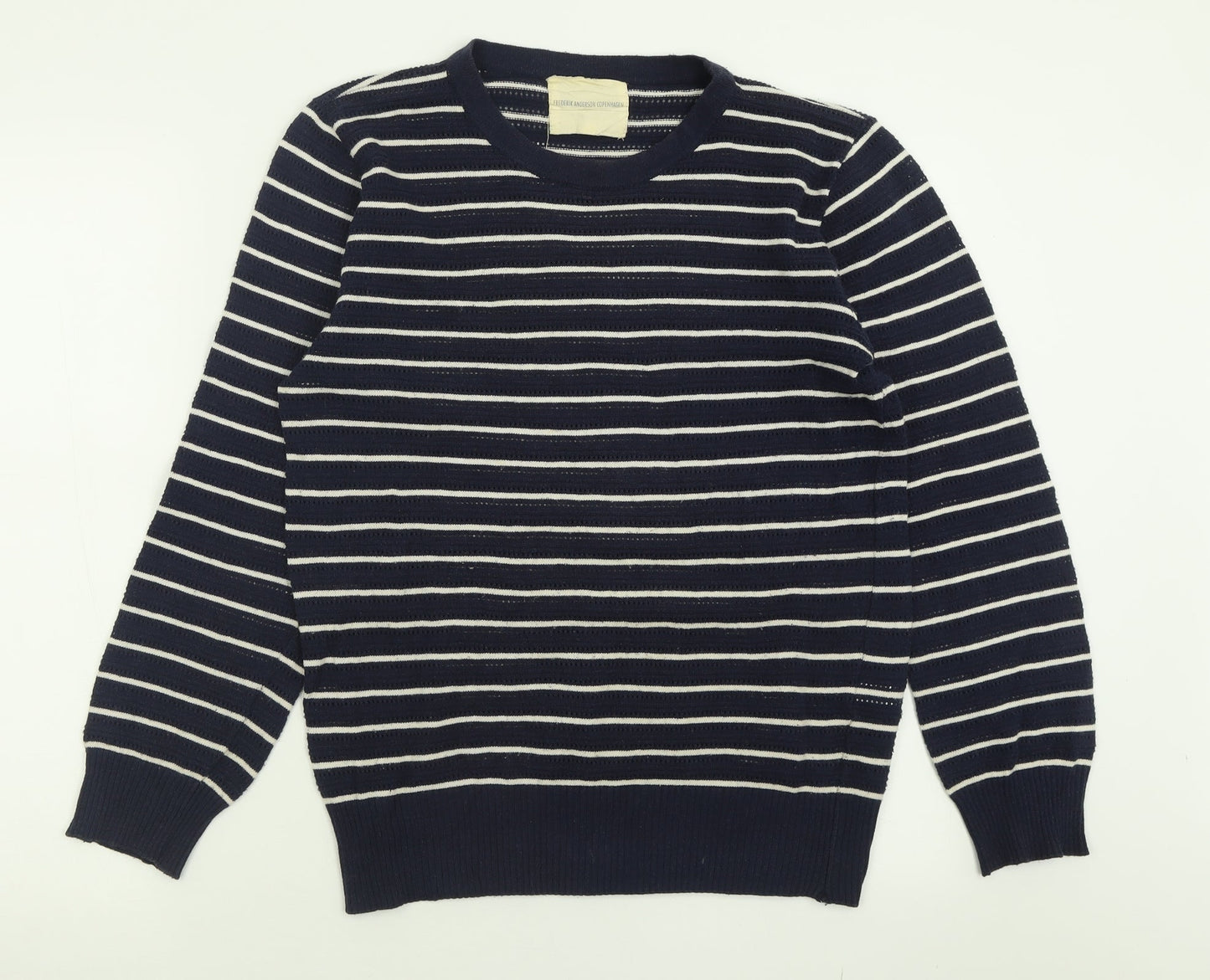Fredrick Anderson Womens Blue Crew Neck Striped Cotton Pullover Jumper Size M