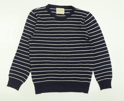 Fredrick Anderson Womens Blue Crew Neck Striped Cotton Pullover Jumper Size M