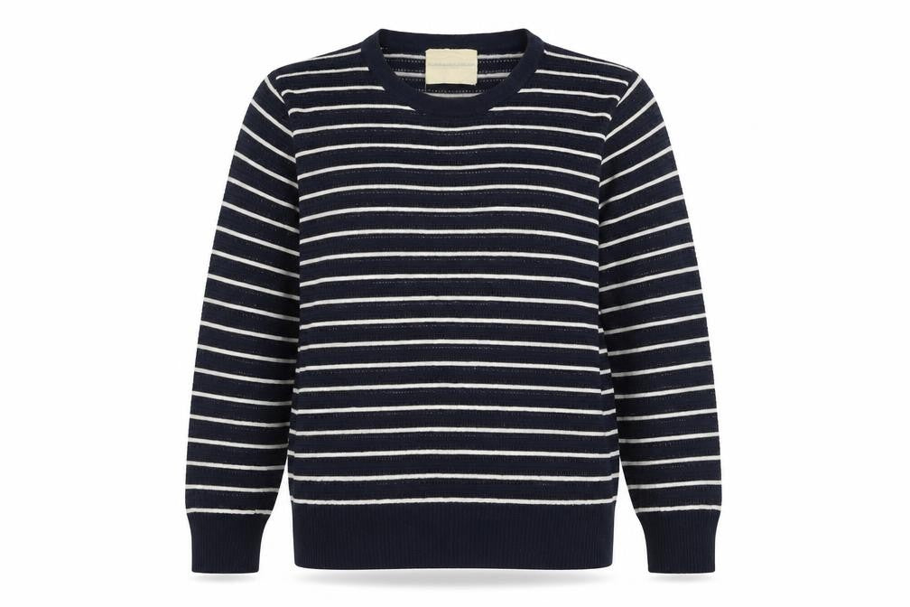 Front view of Fredrick Anderson women’s blue crew neck striped cotton jumper, size M