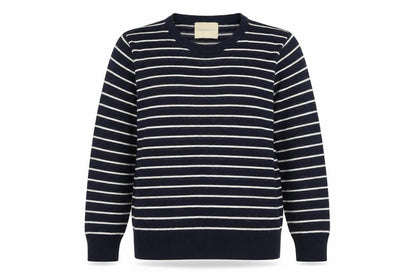 Front view of Fredrick Anderson women’s blue crew neck striped cotton jumper, size M