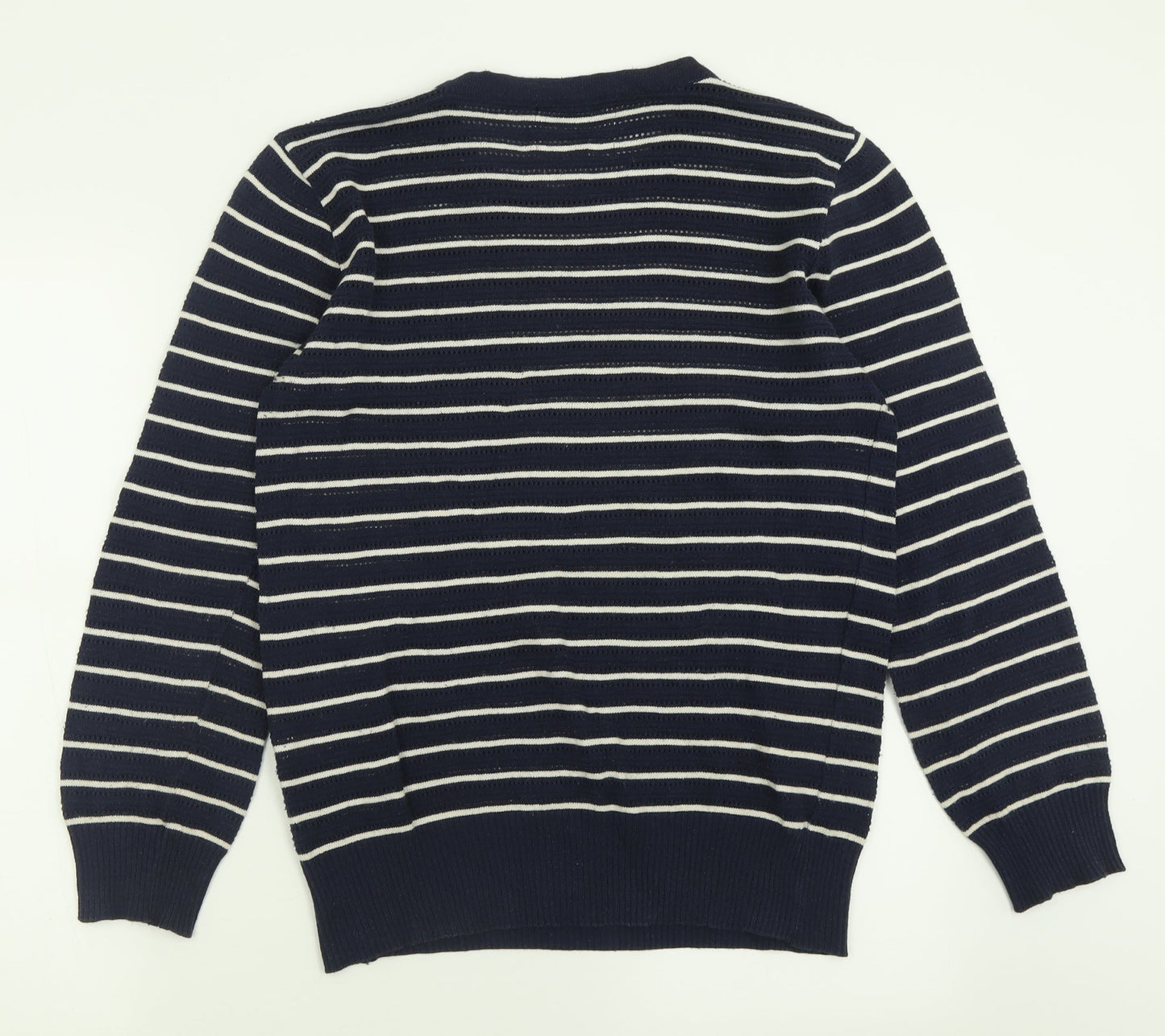 Fredrick Anderson Womens Blue Crew Neck Striped Cotton Pullover Jumper Size M