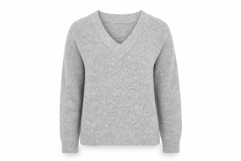 Front view of Brave Soul women’s grey v-neck acrylic jumper, size XS