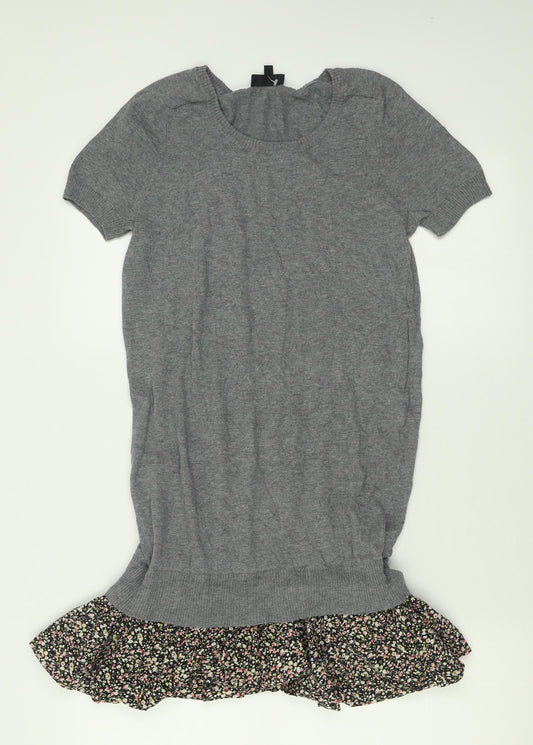 Topshop Womens Grey Floral Cotton Jumper Dress  Size 8  Crew Neck Pullover