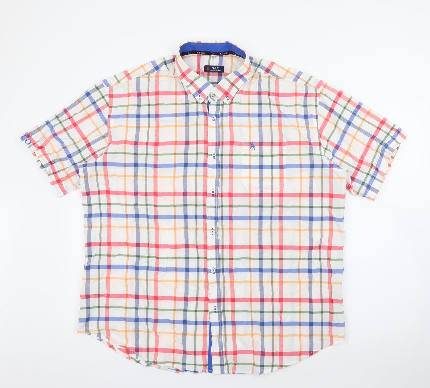 S&C Mens White Plaid Polyester  Button-Up Size M Collared Button