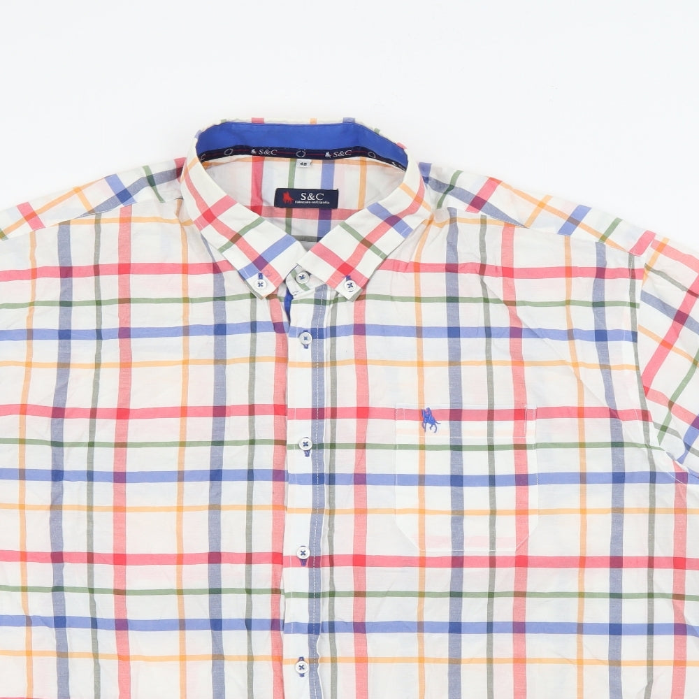 S&C Mens White Plaid Polyester  Button-Up Size M Collared Button