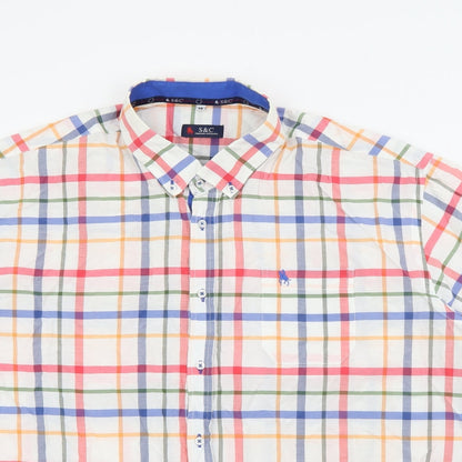 S&C Mens White Plaid Polyester  Button-Up Size M Collared Button