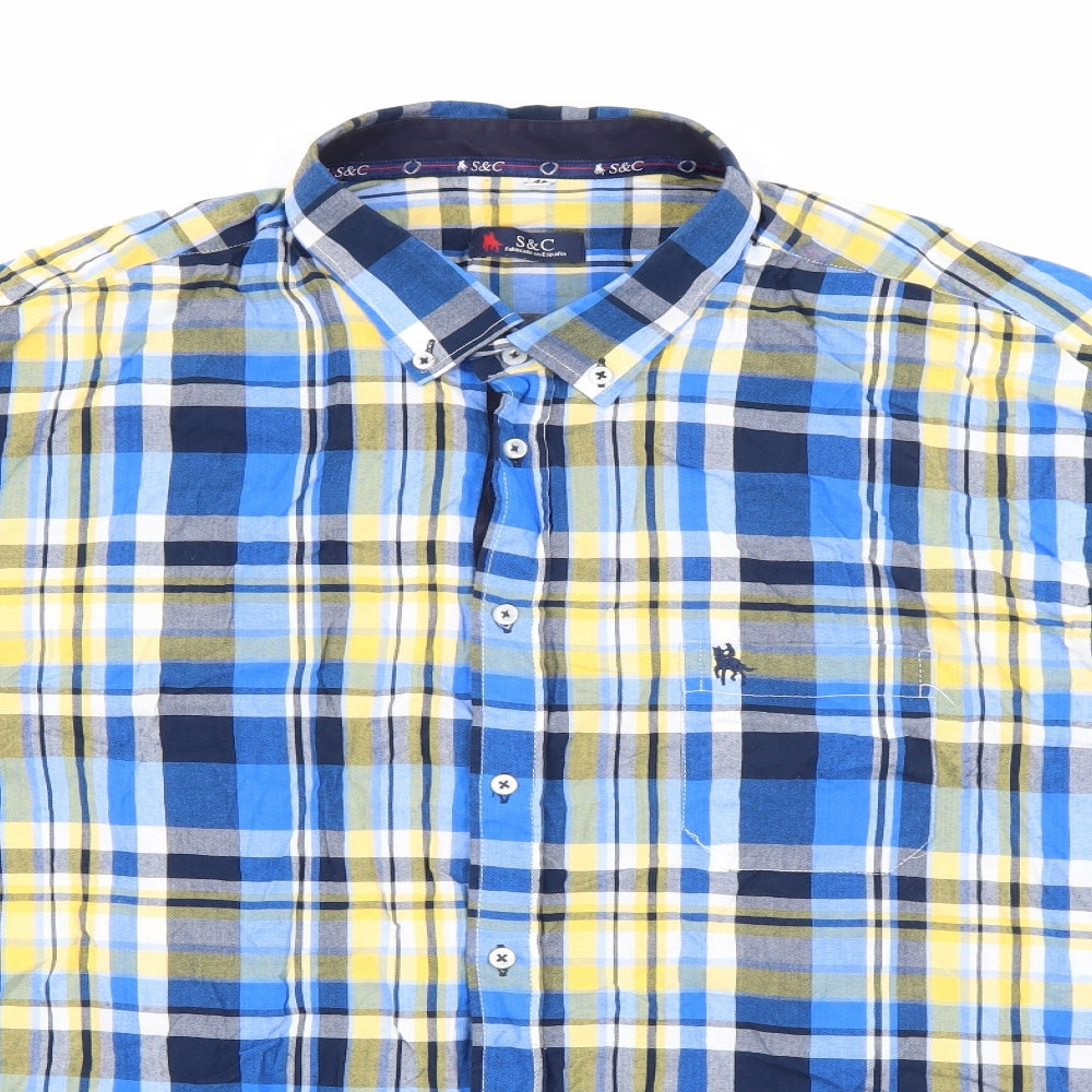 S&C Mens Blue Plaid Polyester  Button-Up Size M Collared Button