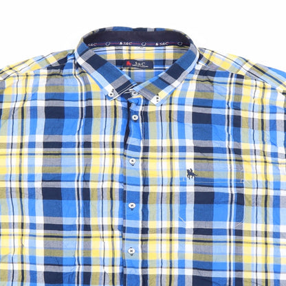 S&C Mens Blue Plaid Polyester  Button-Up Size M Collared Button