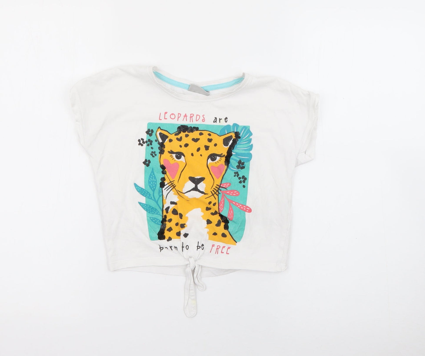 Matalan Girls White  Cotton Pullover T-Shirt Size 6 Years Crew Neck Tie - Leopard