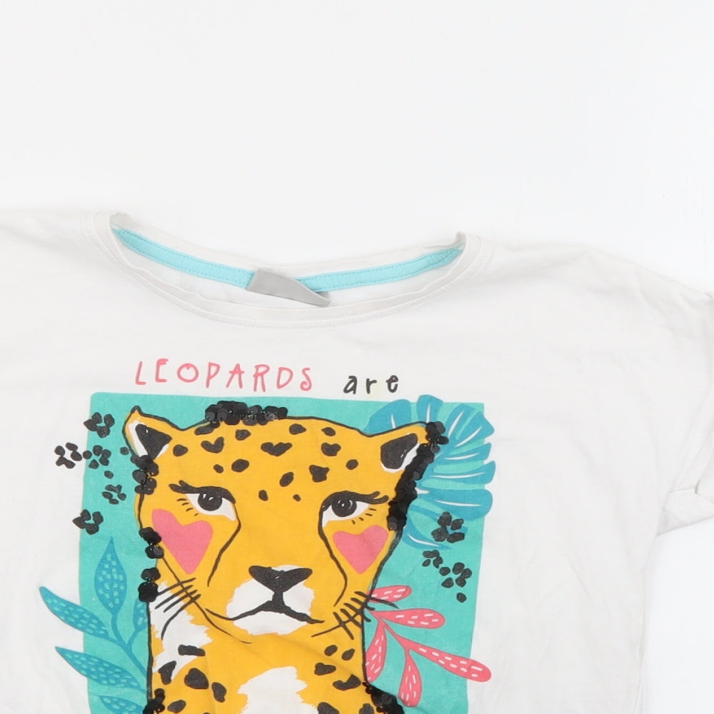 Matalan Girls White  Cotton Pullover T-Shirt Size 6 Years Crew Neck Tie - Leopard
