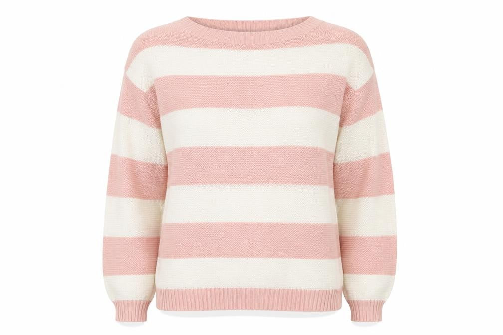 Front view of Dorothy Perkins women’s pink boat neck striped acrylic jumper, size UK 14