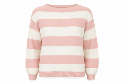 Front view of Dorothy Perkins women’s pink boat neck striped acrylic jumper, size UK 14