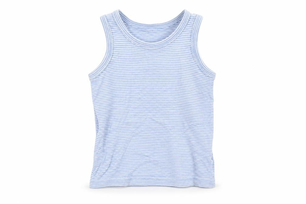Front view of F&F boys’ blue striped cotton pullover tank, size 3-4, years round neck