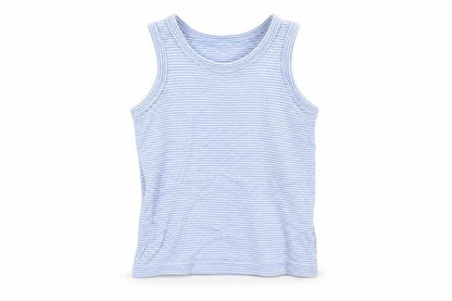Front view of F&F boys’ blue striped cotton pullover tank, size 3-4, years round neck