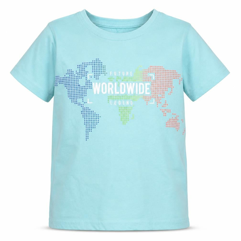 Front view of Dunnes boys’ blue 100% cotton pullover t-shirt, size 3-4, years round neck pullover