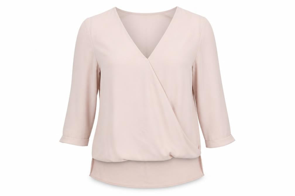 Front view of New L>ook women’s pink polyester basic blouse, size UK 10, v-neck